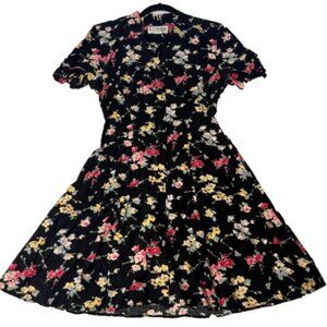 VNTG RJ Stevens Collared Button Down Black Fit and Flare Dress 80s Knee Length
